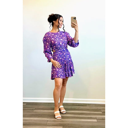 Maje Roleta Floral Cutout Dress Purple Size 36 Long Sleeve Ruched Ruffle Lined