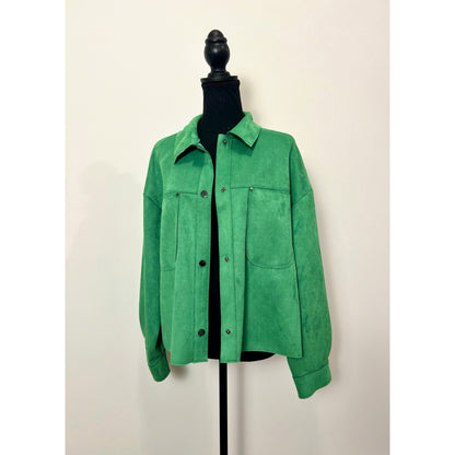 Zara Faux Suede Jacket in Green Large Long Sleeve Snap Pocket Front Warmer