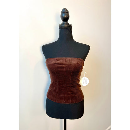 STAUD Woodgrain Top in Mahogany Large Corduroy Strapless Zip Back Stretch