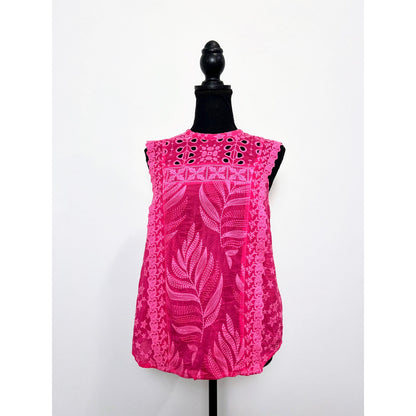 Johnny Was Leafy Concetta Blouse in Pink Size XS Sleeveless Embroidered Keyhole