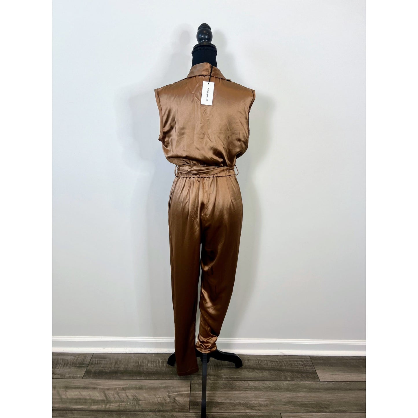 NONchalant Joey Jumpsuit in Brown Small Satin Zip Fly Waist Tie Belted Fringe