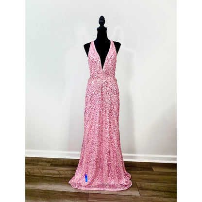 Mac Duggal Gown Maxi Dress in Pink Size 10 Strappy Beaded Column Sequin Cocktail