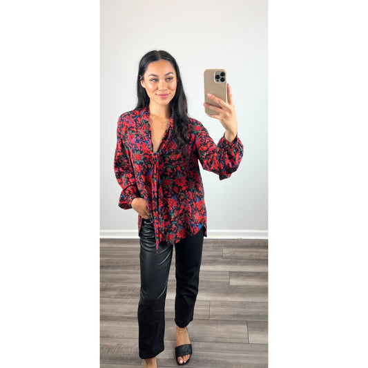 Rag and Bone Emily Silk Floral Blouse in Red Multi Medium Long Sleeve Silk