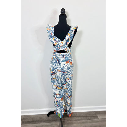 FARM Rio Flying Toucans Frilled Jumpsuit Medium Crossed Back Belted Linen Party