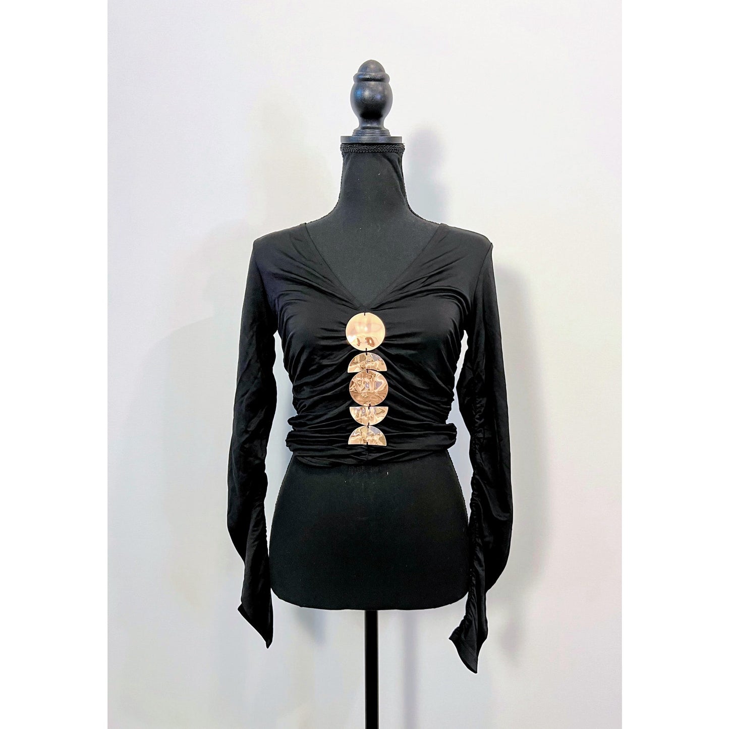 Cult Gaia Kiera Top in Black/Gold Size XS Pullover Long Sleeve Ruched V-Neck