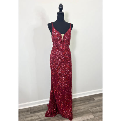 Mac Duggal Embellished Leaf Evening Gown Burgundy Size 10 Plunging Neck Cocktail