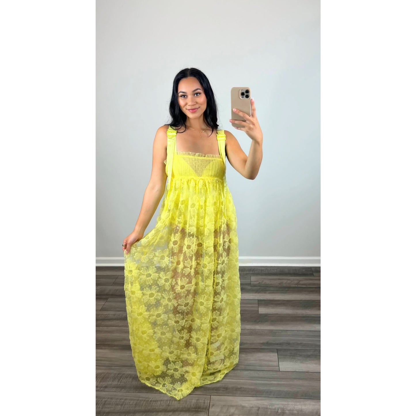 For Love & Lemons Emma Maxi Dress in Yellow Medium Floral Lace Sleeveless Lined