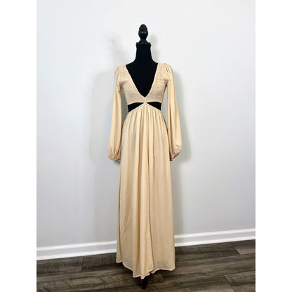 Indah Julie Solid Ruched Bodice Cutaway Maxi Dress in Doe Tan Small Long Sleeve