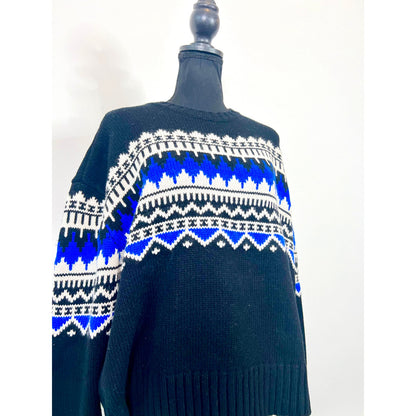 Ralph Lauren Pullover Sweater in Black Fair Isle Knit Wool Tribal Boho Classic