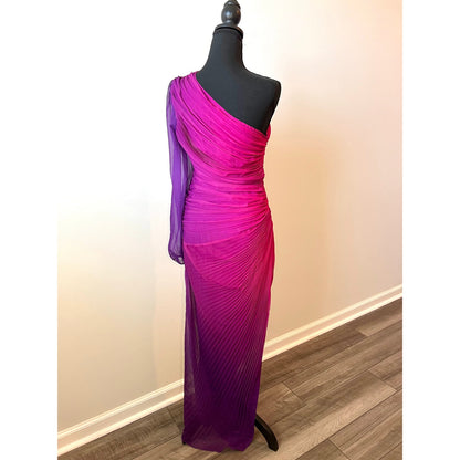 Rococo Sand Paige Long Dress in Pink/Purple Ombre One Shoulder Ruched Asymmetric