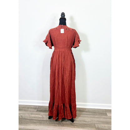 Free People Colette Maxi Dress Cinnamon Brown Size XS Floral Embroidered Lined