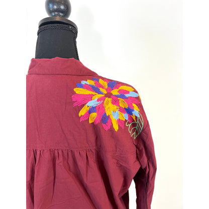 Anthropologie Maeve Embroidered Button Down Shirt in Burgundy Size 4 Long Sleeve