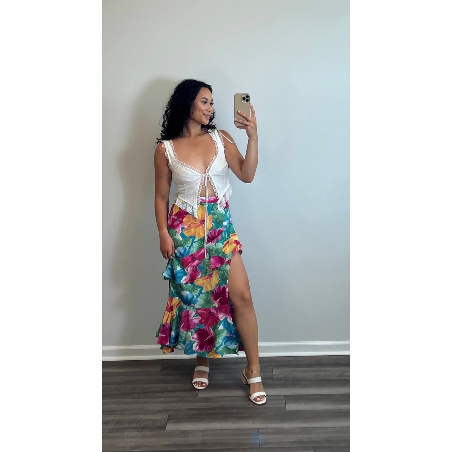 Show Me Your Mumu Birdie Maxi Skirt in Multicolor Floral Medium Zip Side Slit