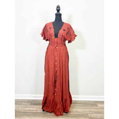 Free People Colette Maxi Dress Cinnamon Brown Size XS Floral Embroidered Lined