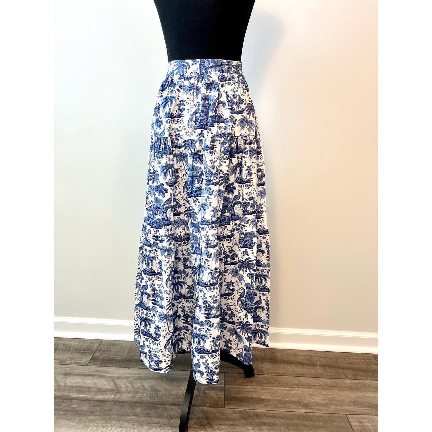 STAUD Idalino Maxi Skirt in Blue Toile Size 0 Graphic Print Stretch Beach Tropic