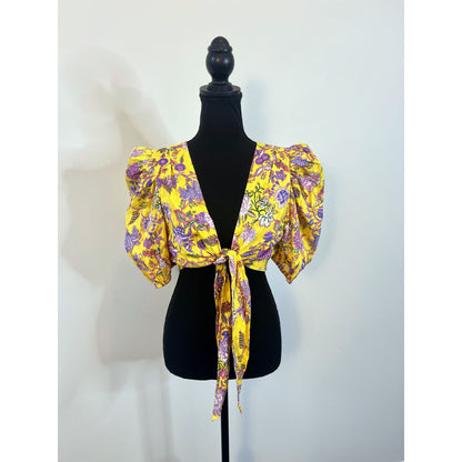 Hemant & Nandita Floral Dhea Tie Front Crop Top in Canary Yellow Medium Floral