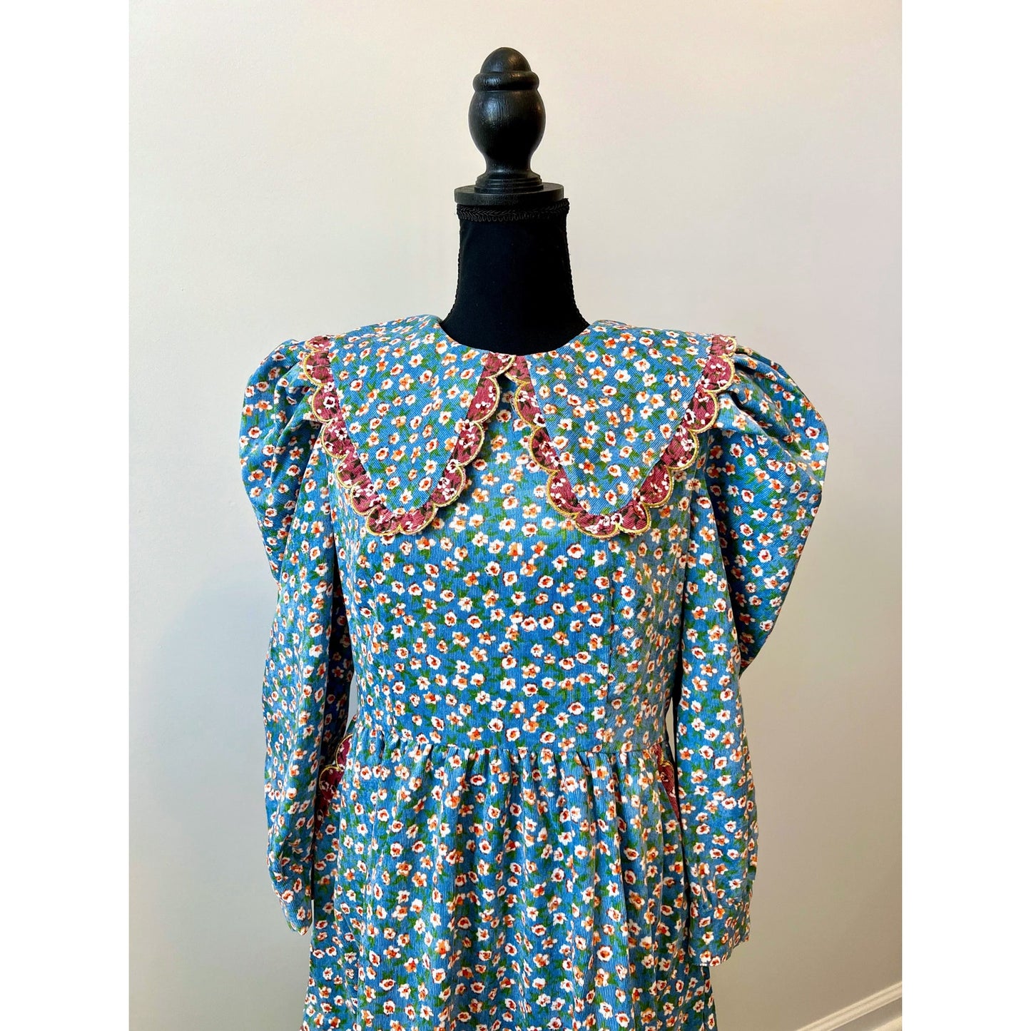 Celia B Cipress Corduroy Dress in Blue Large Floral Half Sleeve Sailor Tiered