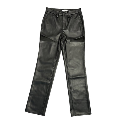 Good American Cut Out Leather Pants in Black Straight Leg Zip Fly Pockets