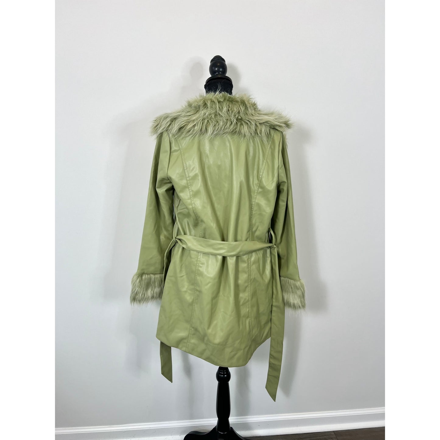 Show Me Your Mumu Penny Lane Coat in Sage Green Medium Faux Leather Lined Belted