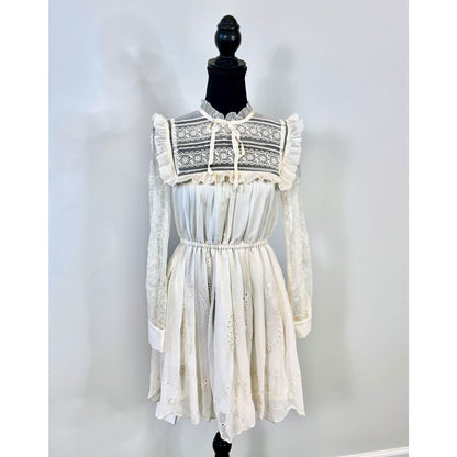 Self Portrait Broderie Mini Dress in Ivory Size 2 Chiffon Lace Mock Neck Lined