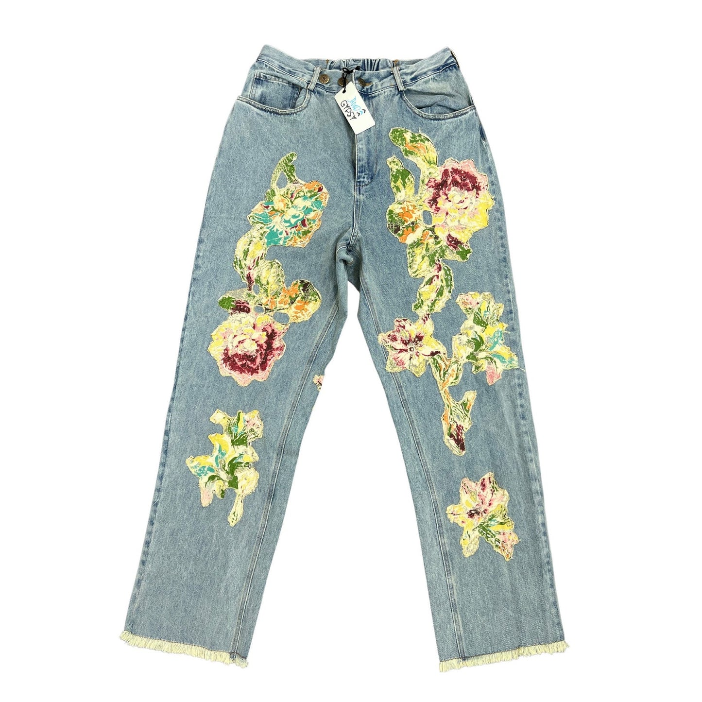 Jaded Gypsy Garden Walks Jeans Small/Medium Denim Floral Patch Zip Fly Raw Hem