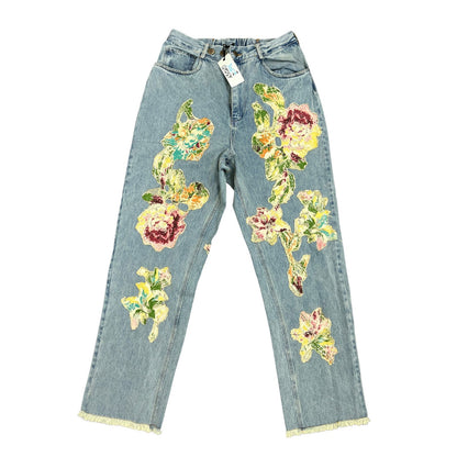 Jaded Gypsy Garden Walks Jeans Small/Medium Denim Floral Patch Zip Fly Raw Hem