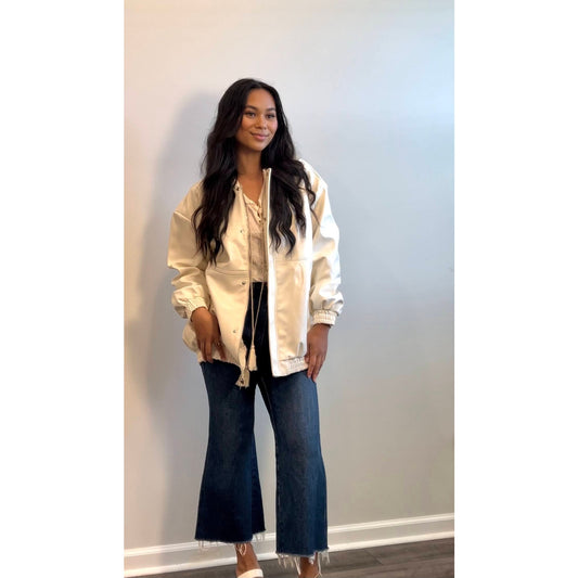 Antropologie Maeve Oversized Faux Leather Bomber Jacket in Ivory Medium Full Zip