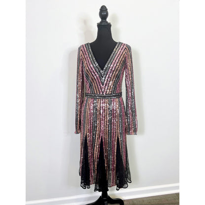 Marchessa Notte Cocktail Dress in Multicolor Striped Size 6 Sequin Lace Panel