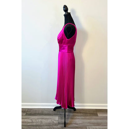 Amsale Fluid Satin Midi Dress in Fuchsia Size 2 Sleeveless Pleated Deep V-Neck