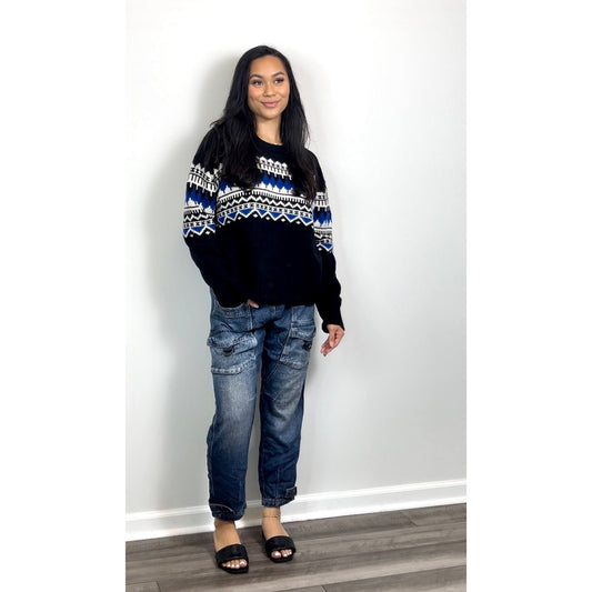 Ralph Lauren Pullover Sweater in Black Fair Isle Knit Wool Tribal Boho Classic