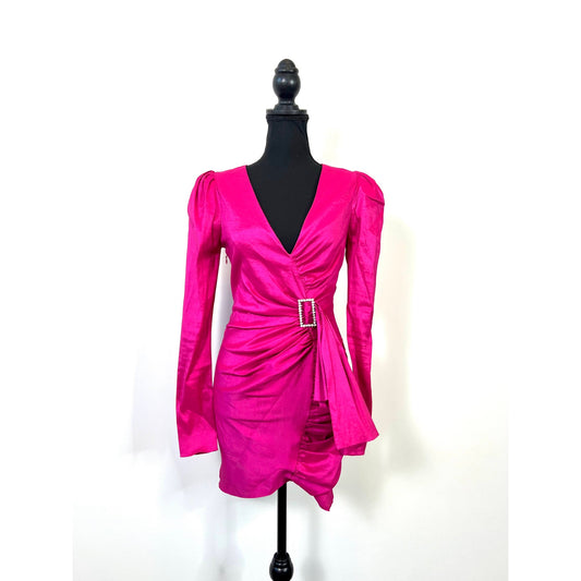 NBD Jess Dress in Hot Pink Small Mini Satin Lined Buckle Embellished Cocktail