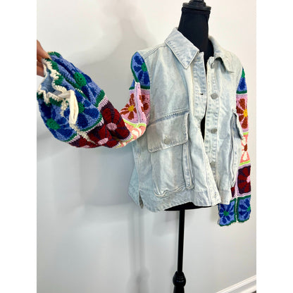 Blank NYC Young Love Jacket in Multi Medium Denim Floral Crochet Stretch Classic