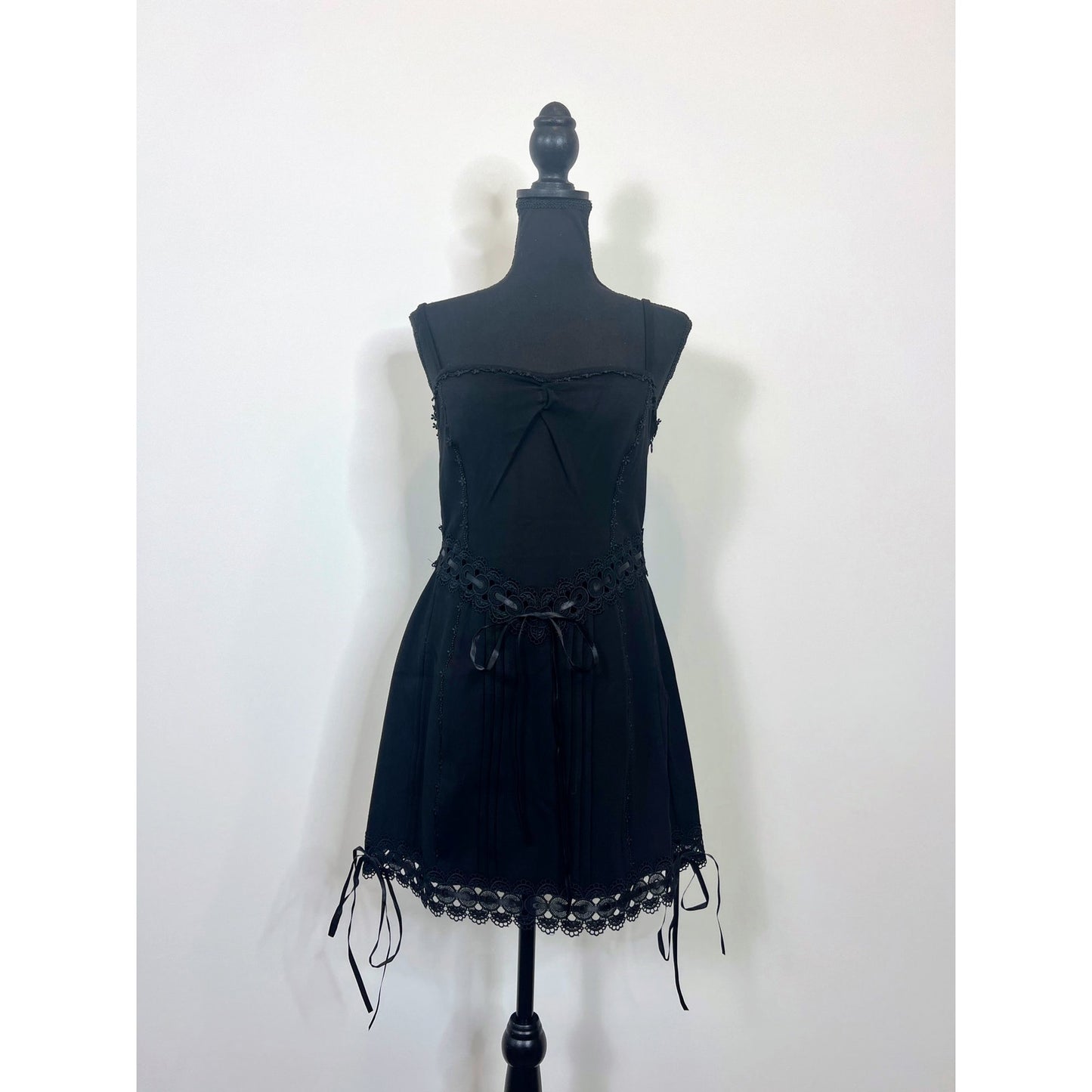 For Love & Lemons Sistine Mini Dress in Black Large Lace Trim Pleated Gothic