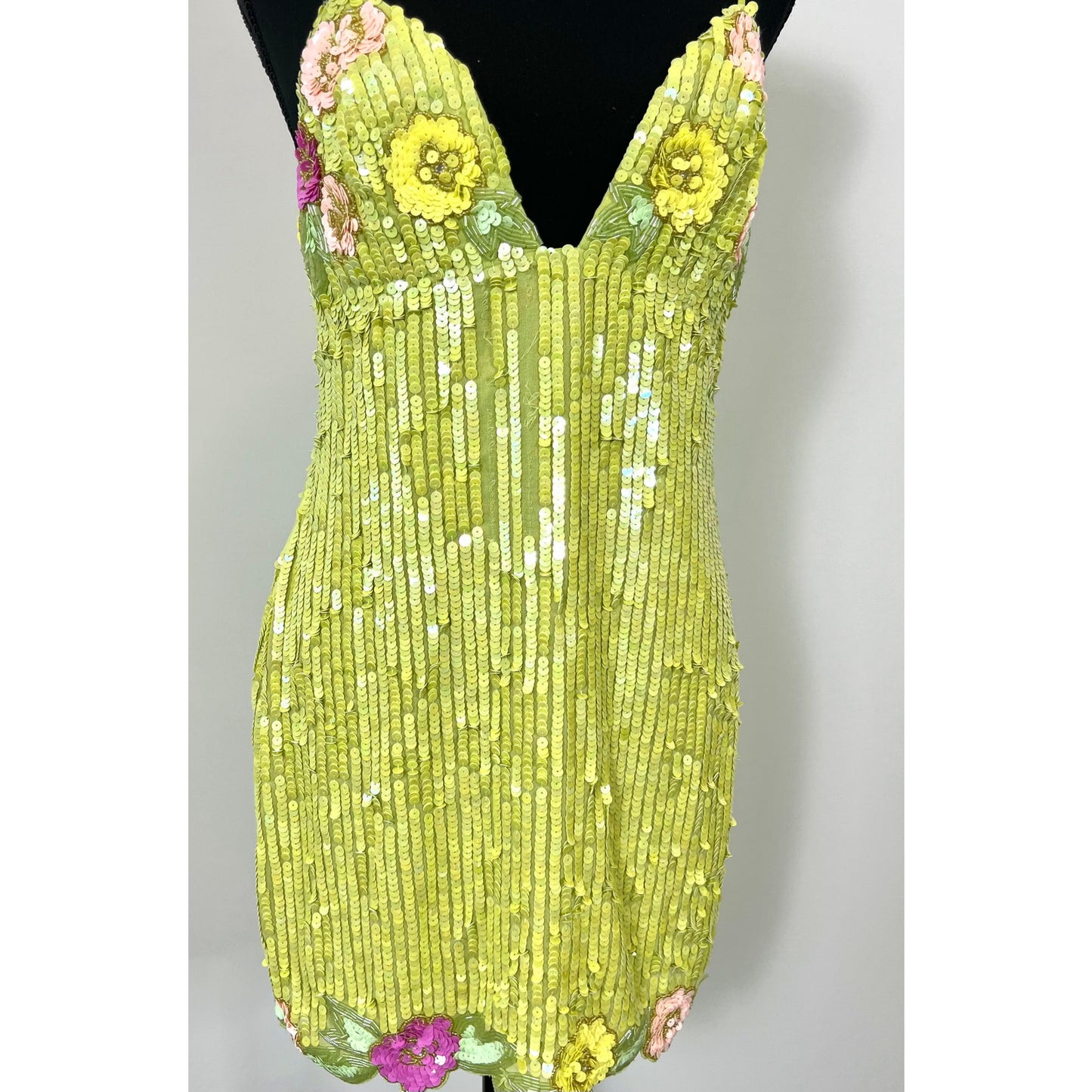 Majorelle Cal Embellished Mini Dress in Lime Green Medium Sequin Lined Cocktail