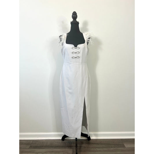 Likely Rizzo Crystal Bow Feather Trim Midi Dress in White Size 8 Bodycon Lined