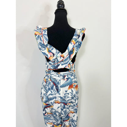 FARM Rio Flying Toucans Frilled Jumpsuit Medium Crossed Back Belted Linen Party