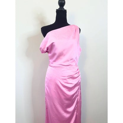 Show Me Your Mumu Jodie Maxi Dress in Pink Luxe Satin Medium Off Shoulder Lined