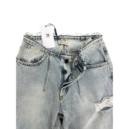 The Mannei Nula Distressed Flared Jeans in Blue Size 34 Denim Pleated Pockets