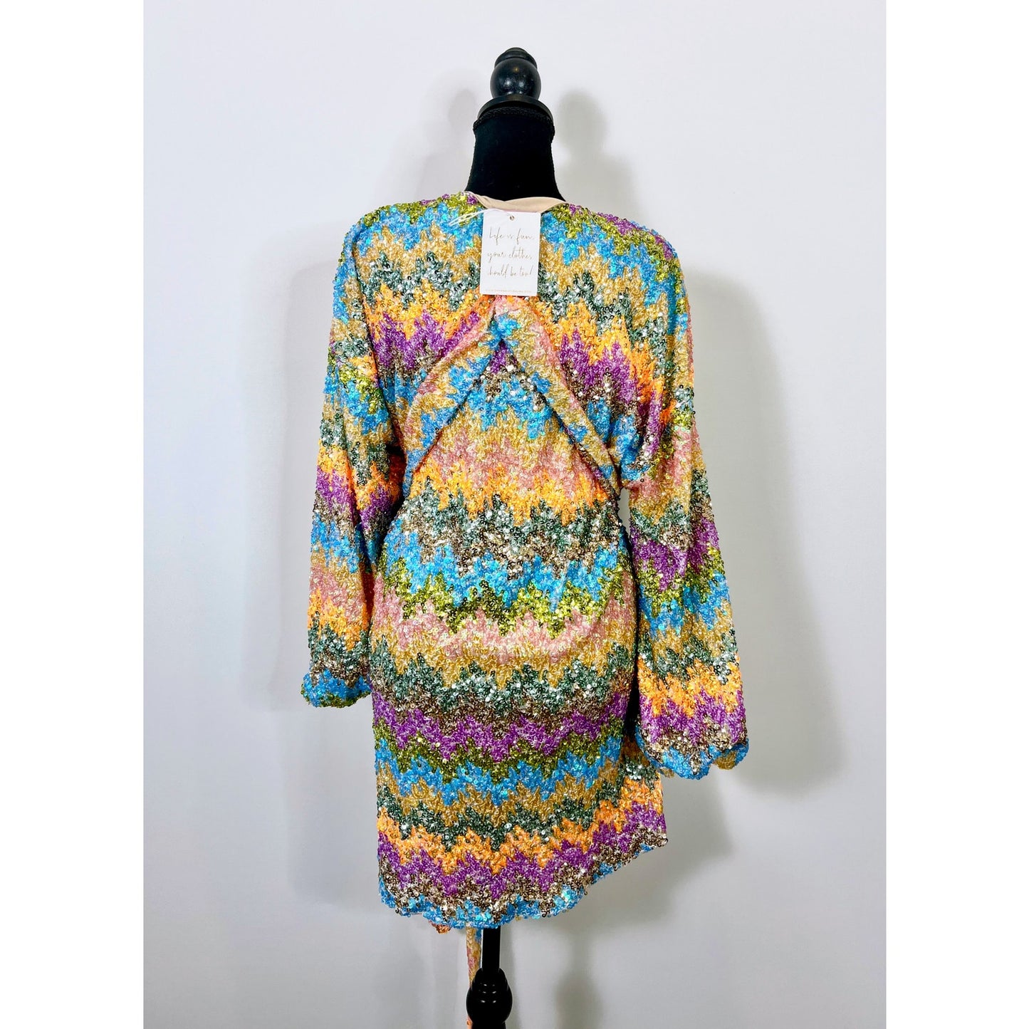 Show Me Your Mumu Sure Thing Mini Dress Wavy Sequins Sz XL Long Sleeve Colorful