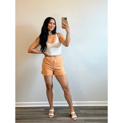 Savannah Morrow Cora Knit Shorts in Peach Pull On Ruffled Hem Beach Summer