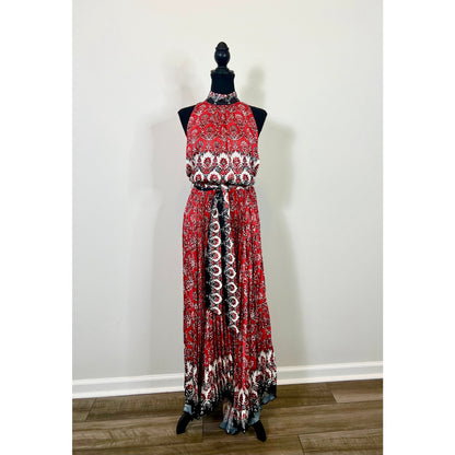 Alice + Olivia Mertie Maxi Dress Allure Medallion Size 8 Mockneck Pleated Boho