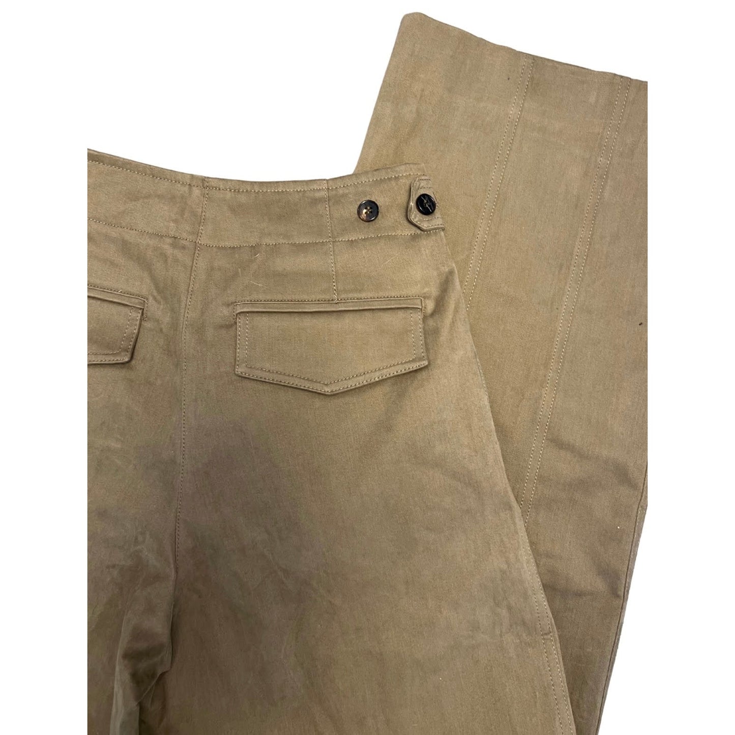 LVIR Khaki Green Pleated Trousers Small Straight Leg Zip Fly Stretch Pockets