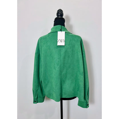 Zara Faux Suede Jacket in Green Large Long Sleeve Snap Pocket Front Warmer