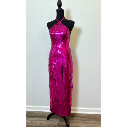 Cult Gaia Tasmina Sequin Halter Dress in Sparkle Pink Small Lined Backless Party