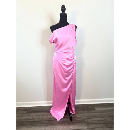 Show Me Your Mumu Jodie Maxi Dress in Pink Luxe Satin Medium Off Shoulder Lined