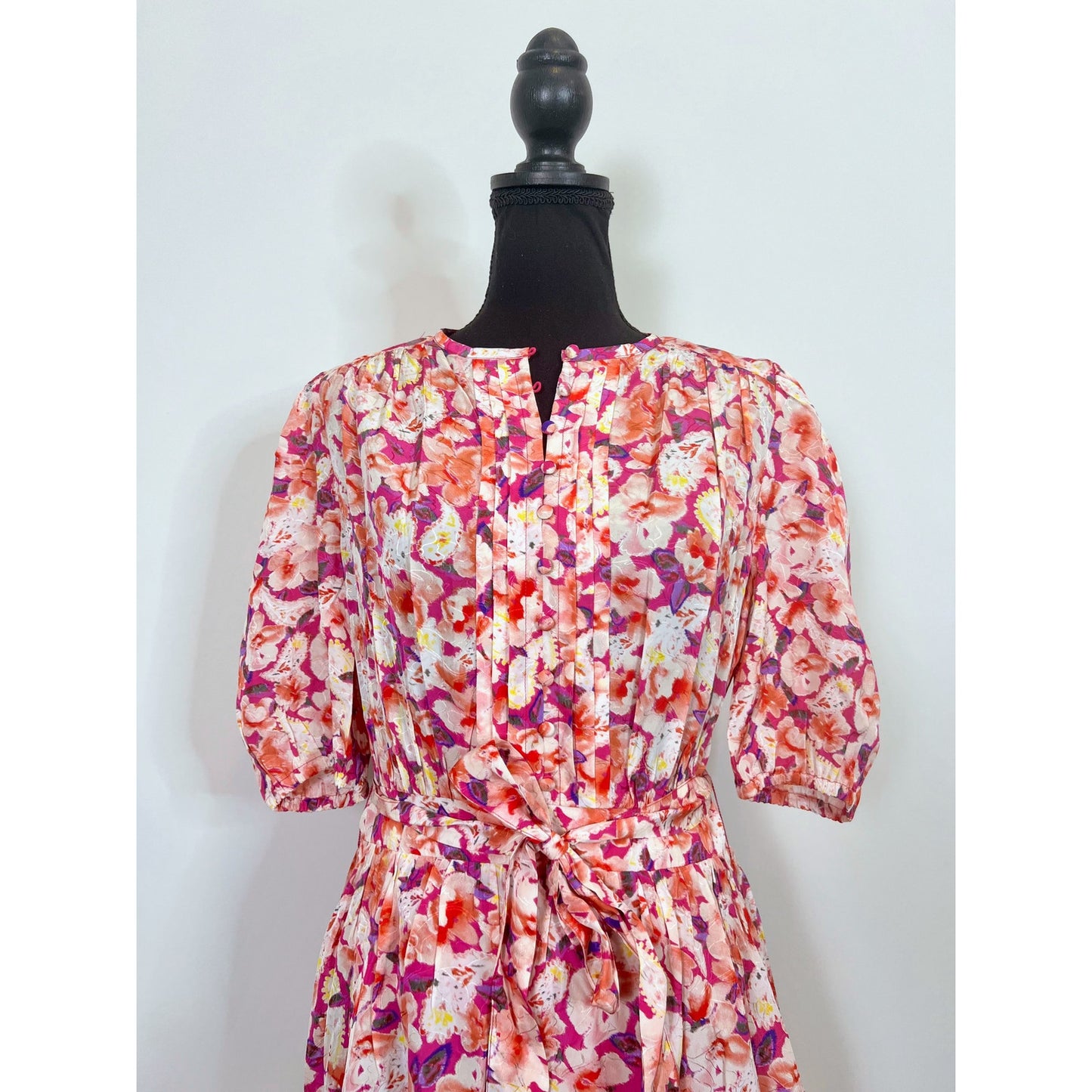 BA&SH Diamond Belted Floral Mini Dress in Fuchsia Pink Medium Button Front