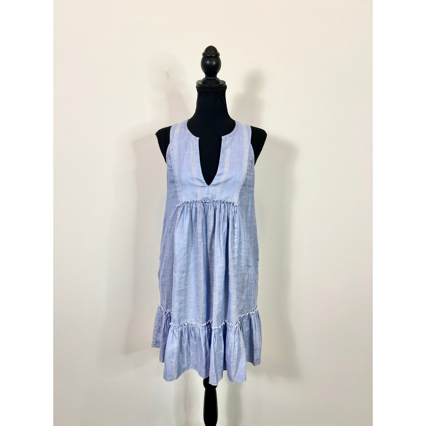 Lemlem Nefasi Bib A-Line Mini Dress Blue Striped Size XS Ruffle Classic Cotton