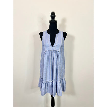 Lemlem Nefasi Bib A-Line Mini Dress Blue Striped Size XS Ruffle Classic Cotton