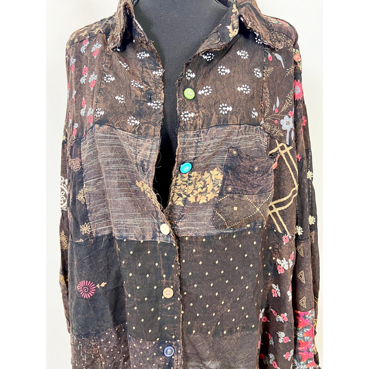 Jaded Gypsy Button Down Shirt in Brown One Shirt Patchwork Floral Long Sleeve