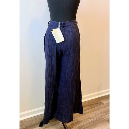 Savannah Morrow Hali Plisśe Pants in Blue Zip Fly Textured Flared Wide Leg Summer